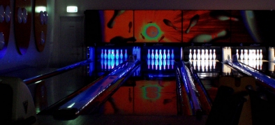 Photo of Lanes 1 and 2 with pin-deck illuminated blue